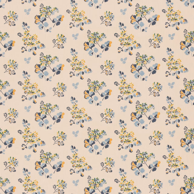 Blue-green and mustard floral bouquets scattered across a warm cream ground
