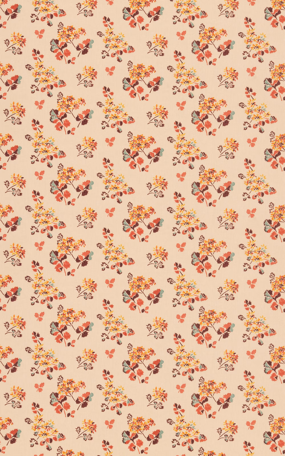 Warm blush ground with scattered coral, ochre and blue floral clusters
