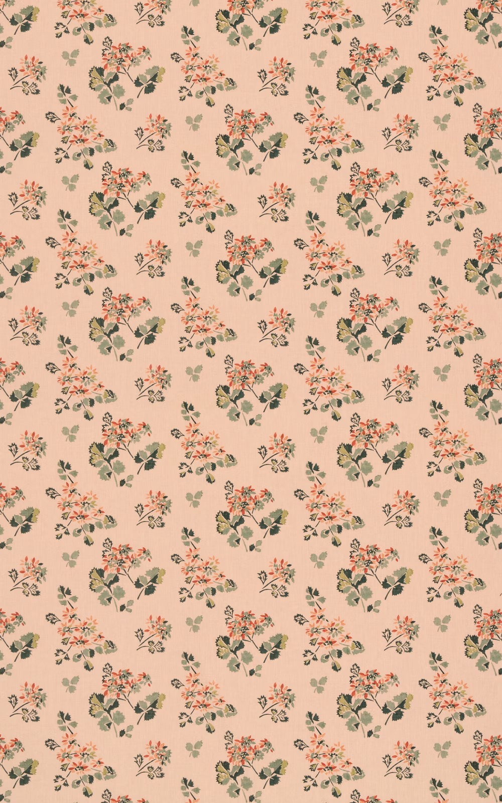 Blush pink floral fabric with coral bouquets and muted green leafy sprays