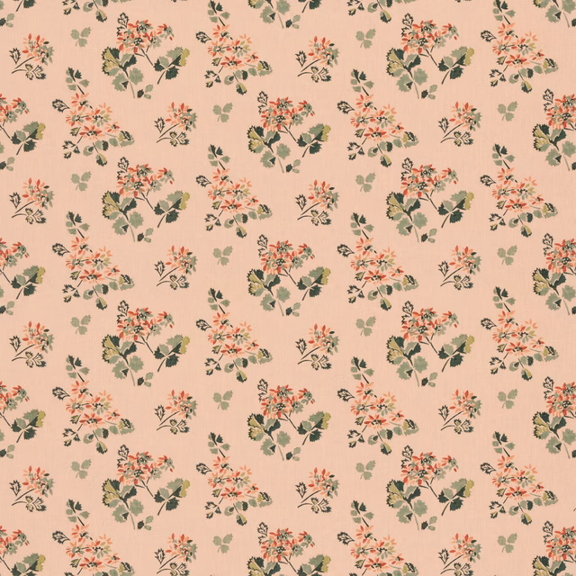 Blush pink floral fabric with coral bouquets and muted green leafy sprays