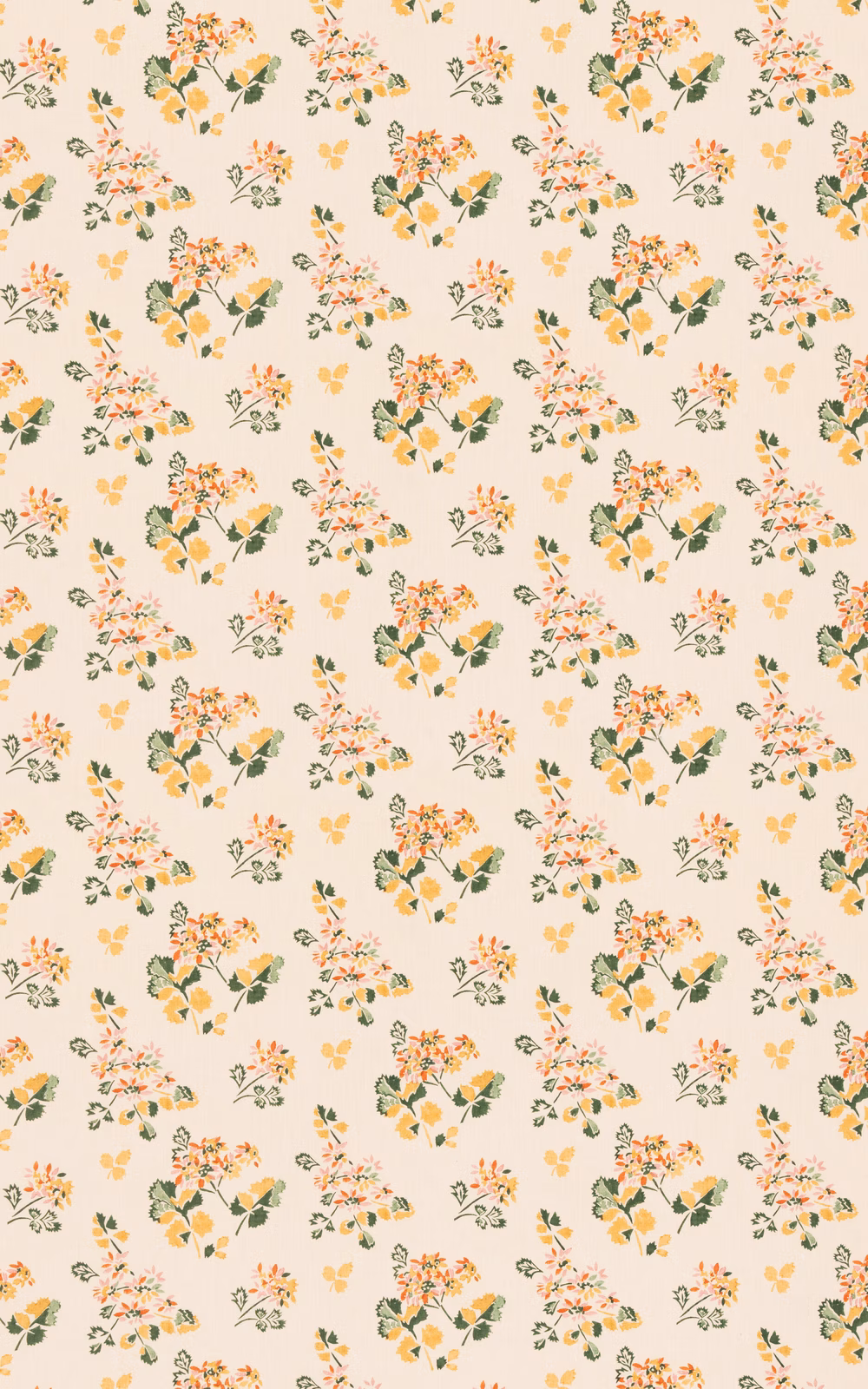 Cream fabric with scattered ochre, coral and green floral bouquets