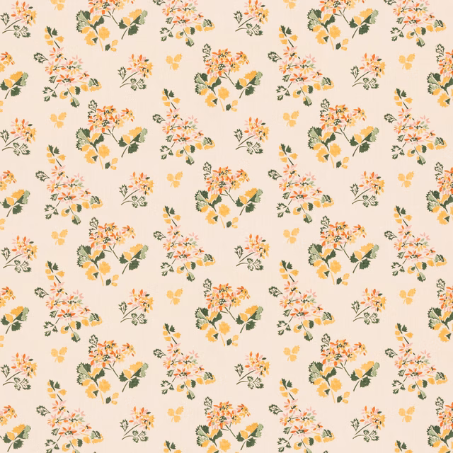 Cream fabric with scattered ochre, coral and green floral bouquets