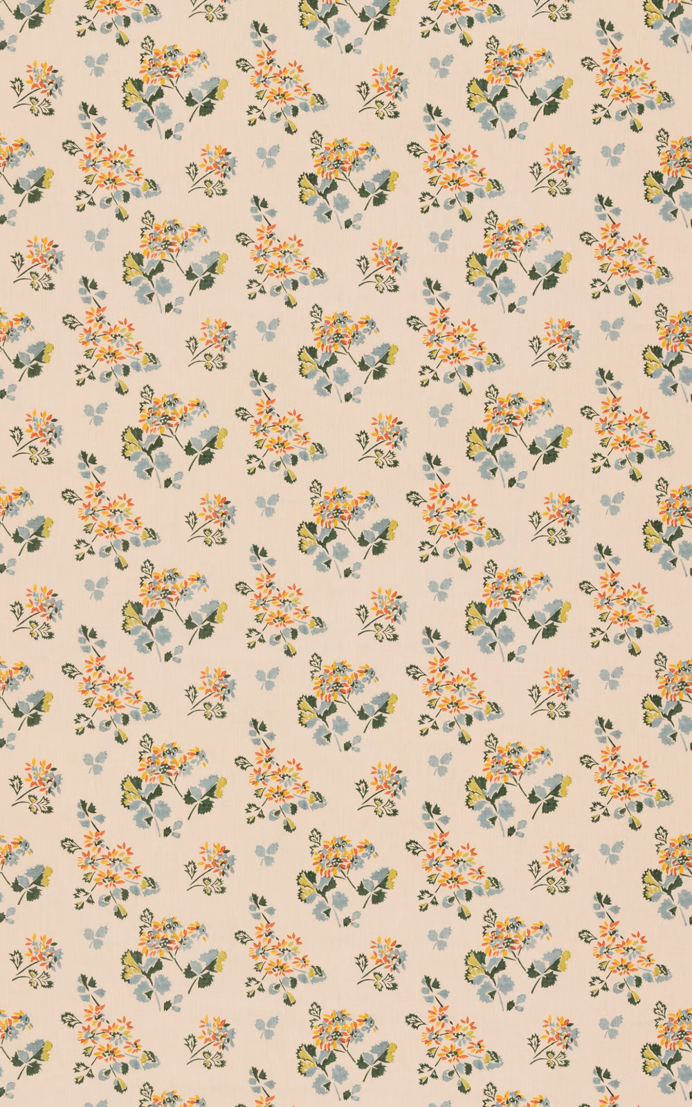 Cream floral fabric with teal foliage and spice-orange bouquet details