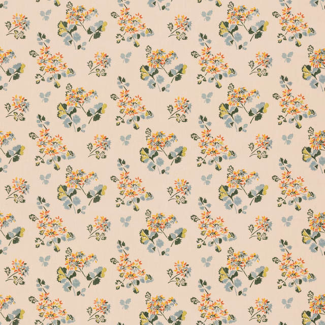 Cream floral fabric with teal foliage and spice-orange bouquet details