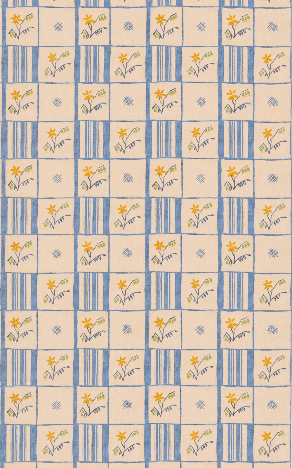 Soft blue and cream patchwork grid with yellow flowers and fine sprig motifs