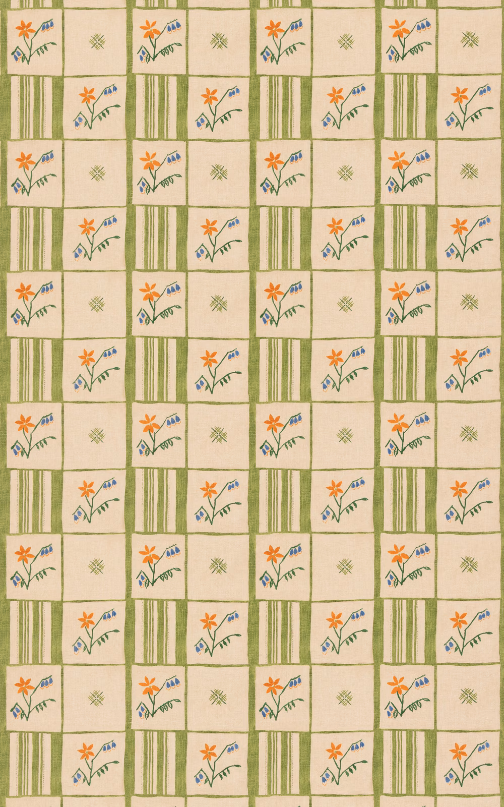 Cream patchwork textile with olive stripes and tiny orange and blue flowers