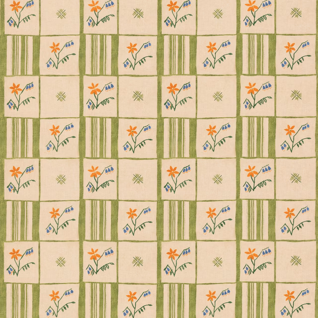 Cream patchwork textile with olive stripes and tiny orange and blue flowers