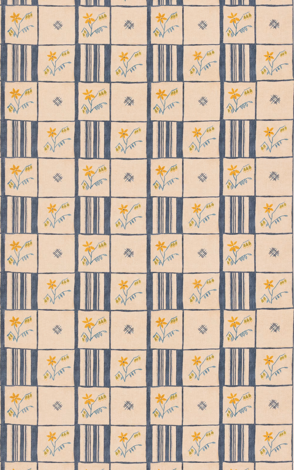 Cream, indigo and yellow floral patchwork with striped and sprigged squares