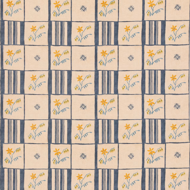 Cream, indigo and yellow floral patchwork with striped and sprigged squares