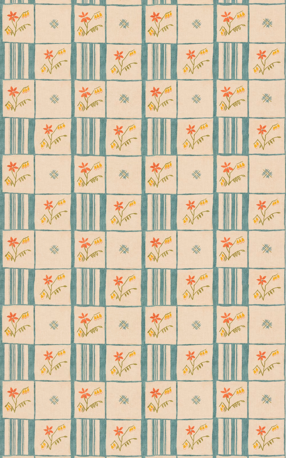 Cream patchwork fabric with teal stripes and red, mustard floral motifs
