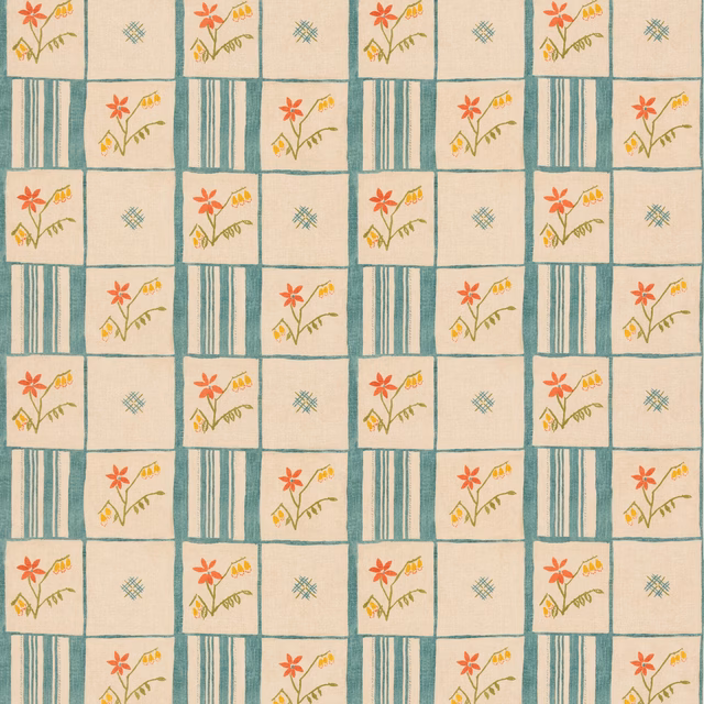 Cream patchwork fabric with teal stripes and red, mustard floral motifs