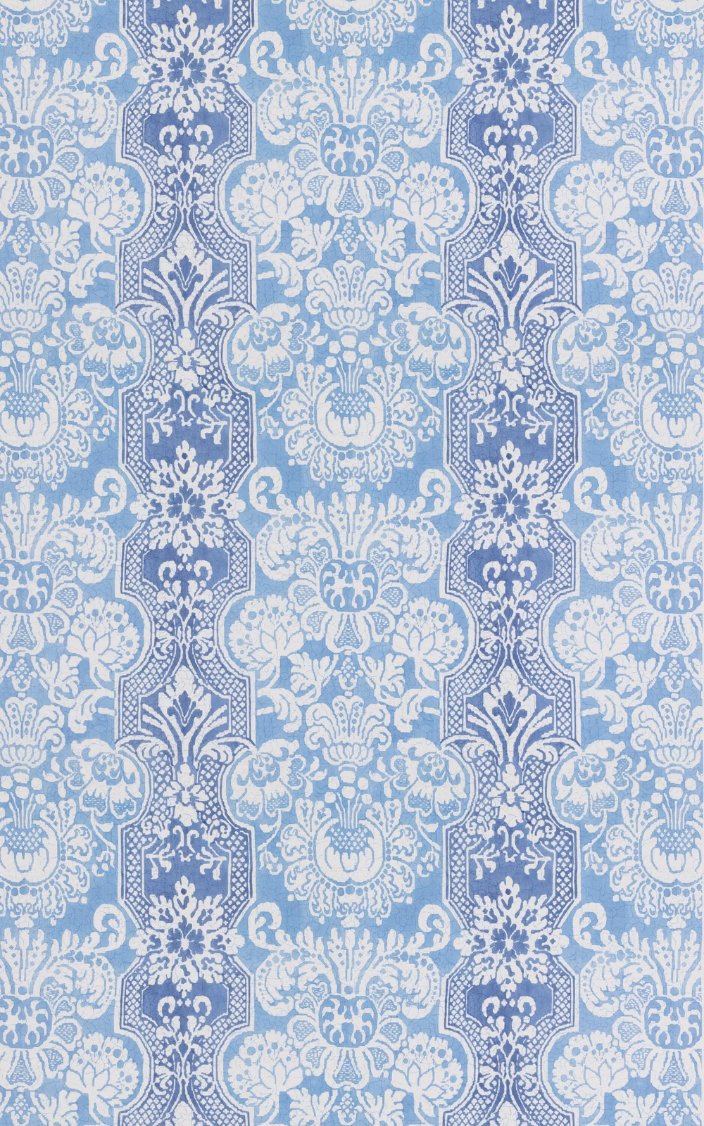 Icy blue cotton damask with indigo cartouches and white floral scrolls
