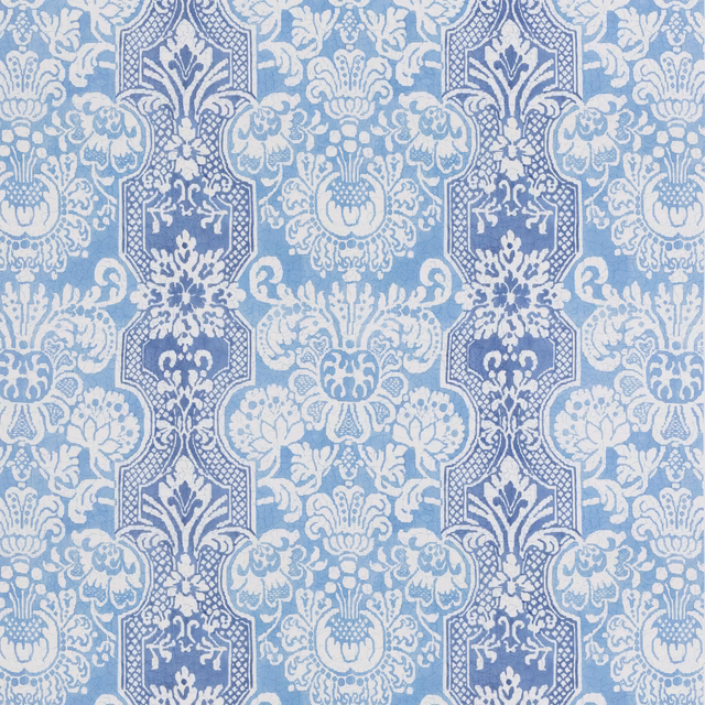 Icy blue cotton damask with indigo cartouches and white floral scrolls