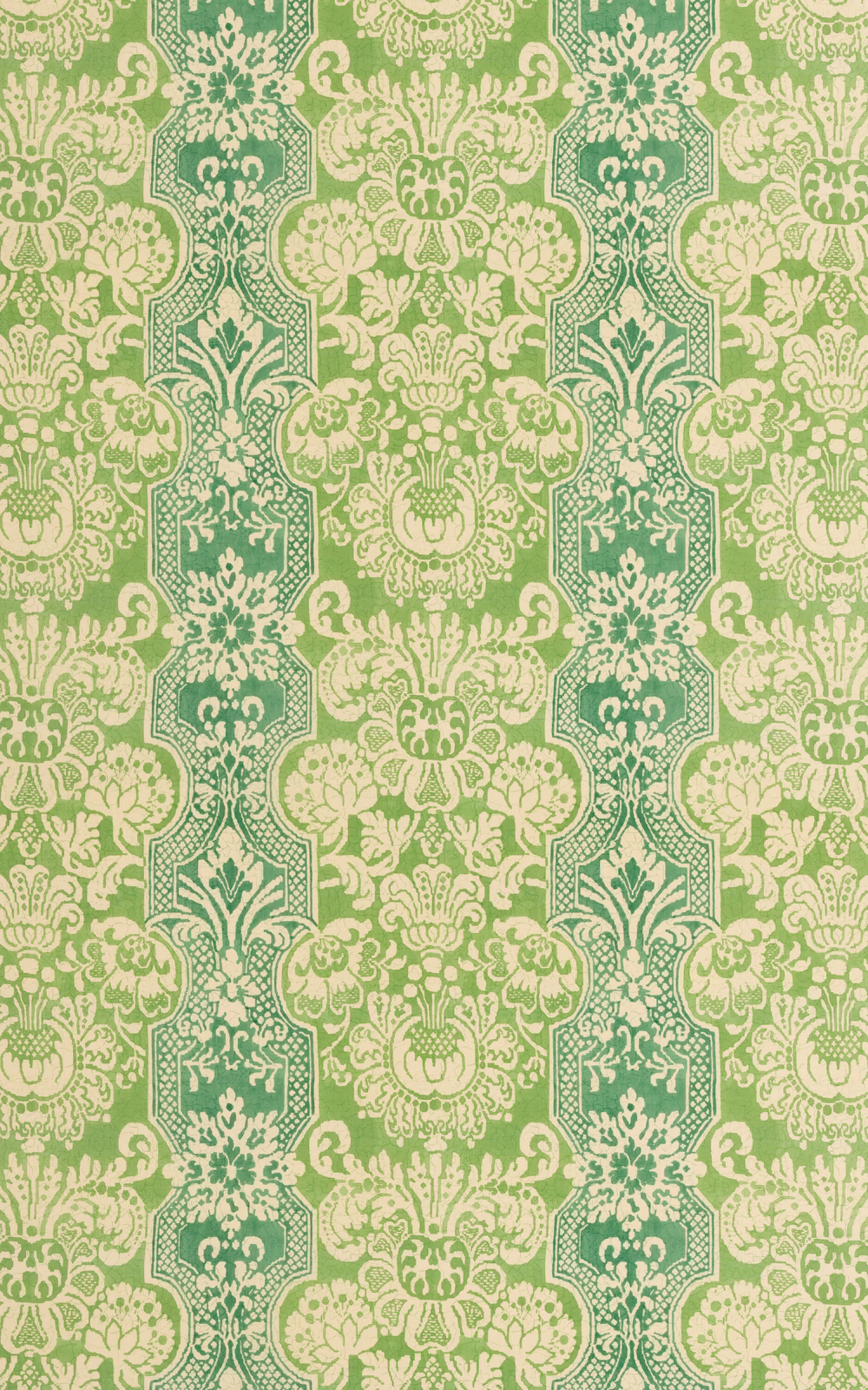 Pale green and cream damask cotton with dark green floral cartouches in vertical bands