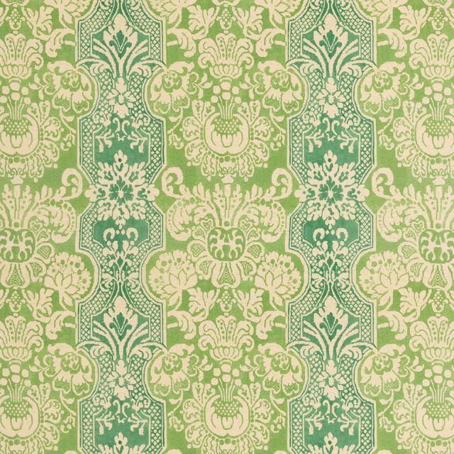 Pale green and cream damask cotton with dark green floral cartouches in vertical bands