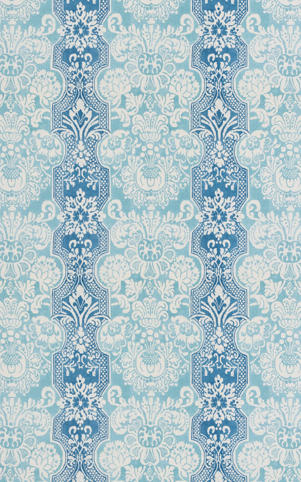 Pale aqua cotton with deep teal floral columns and cream scrolling motifs