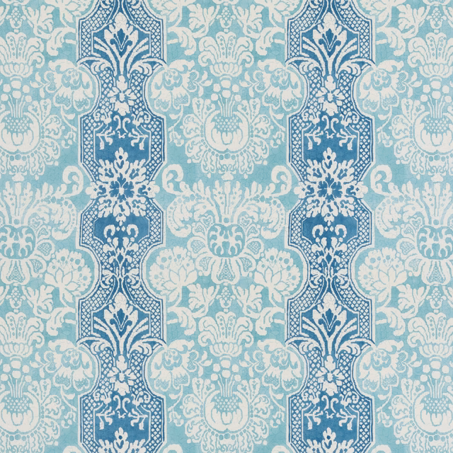 Pale aqua cotton with deep teal floral columns and cream scrolling motifs