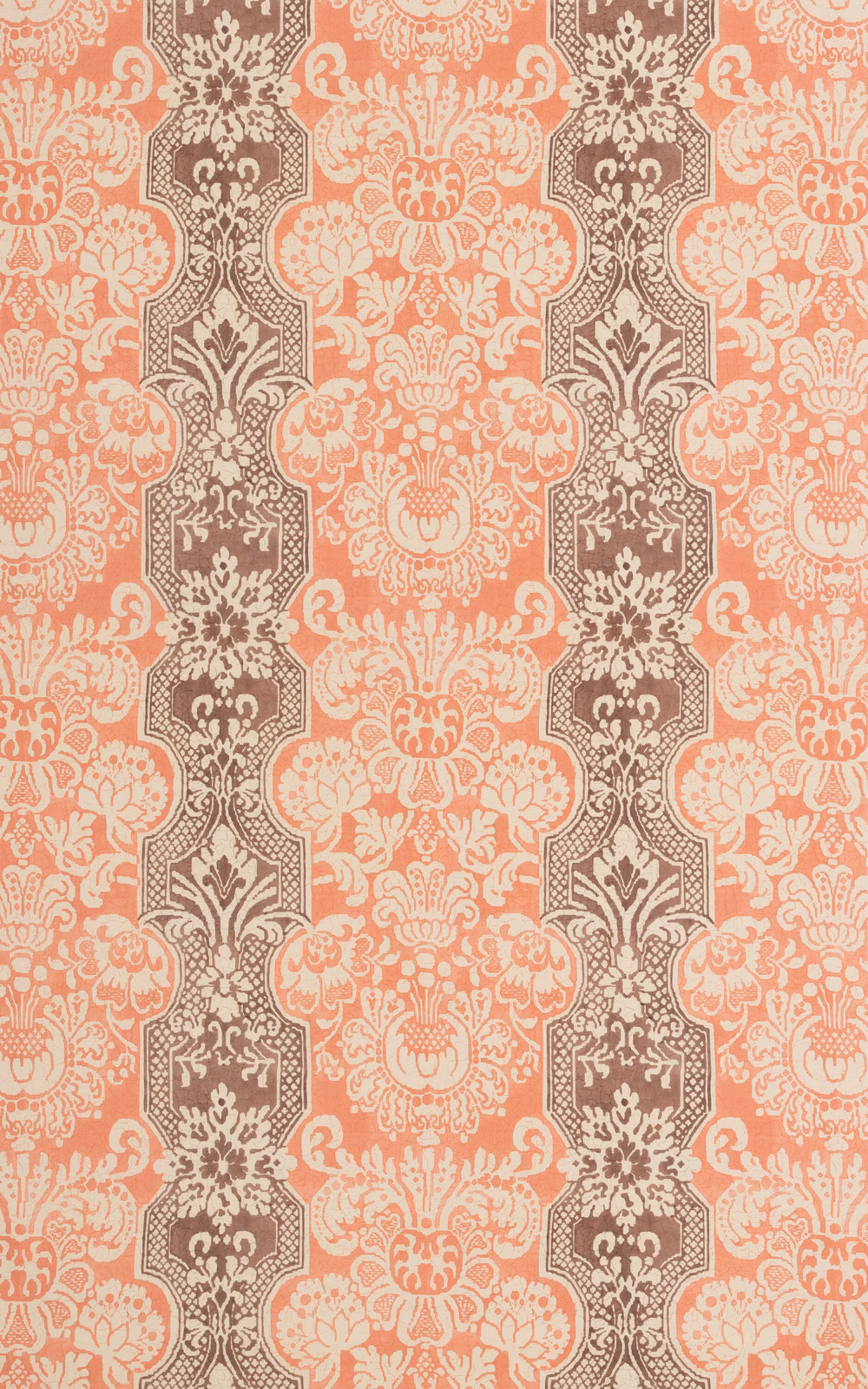 Coral damask textile with taupe-brown vertical panels and pale cream scrolling motifs