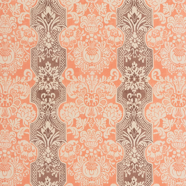 Coral damask textile with taupe-brown vertical panels and pale cream scrolling motifs