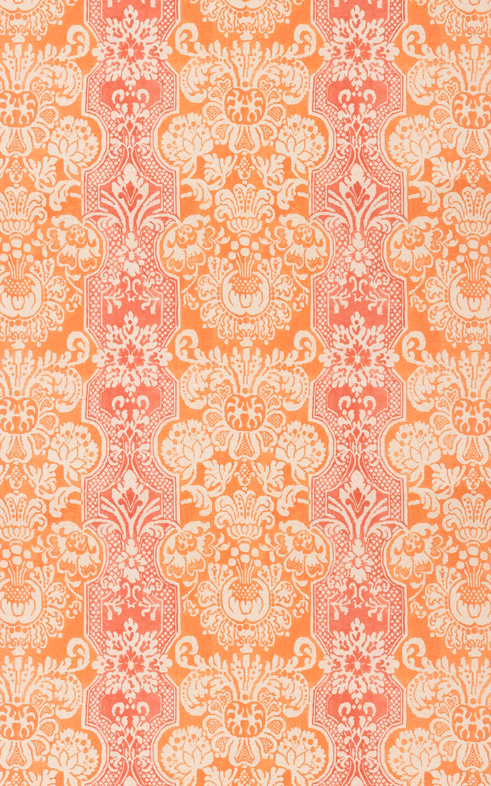 Marigold orange cotton with coral panels and cream scrolling floral motifs