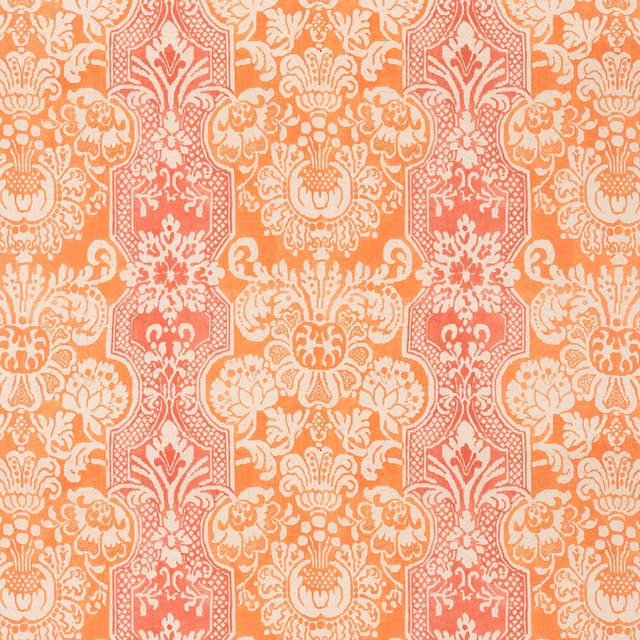 Marigold orange cotton with coral panels and cream scrolling floral motifs
