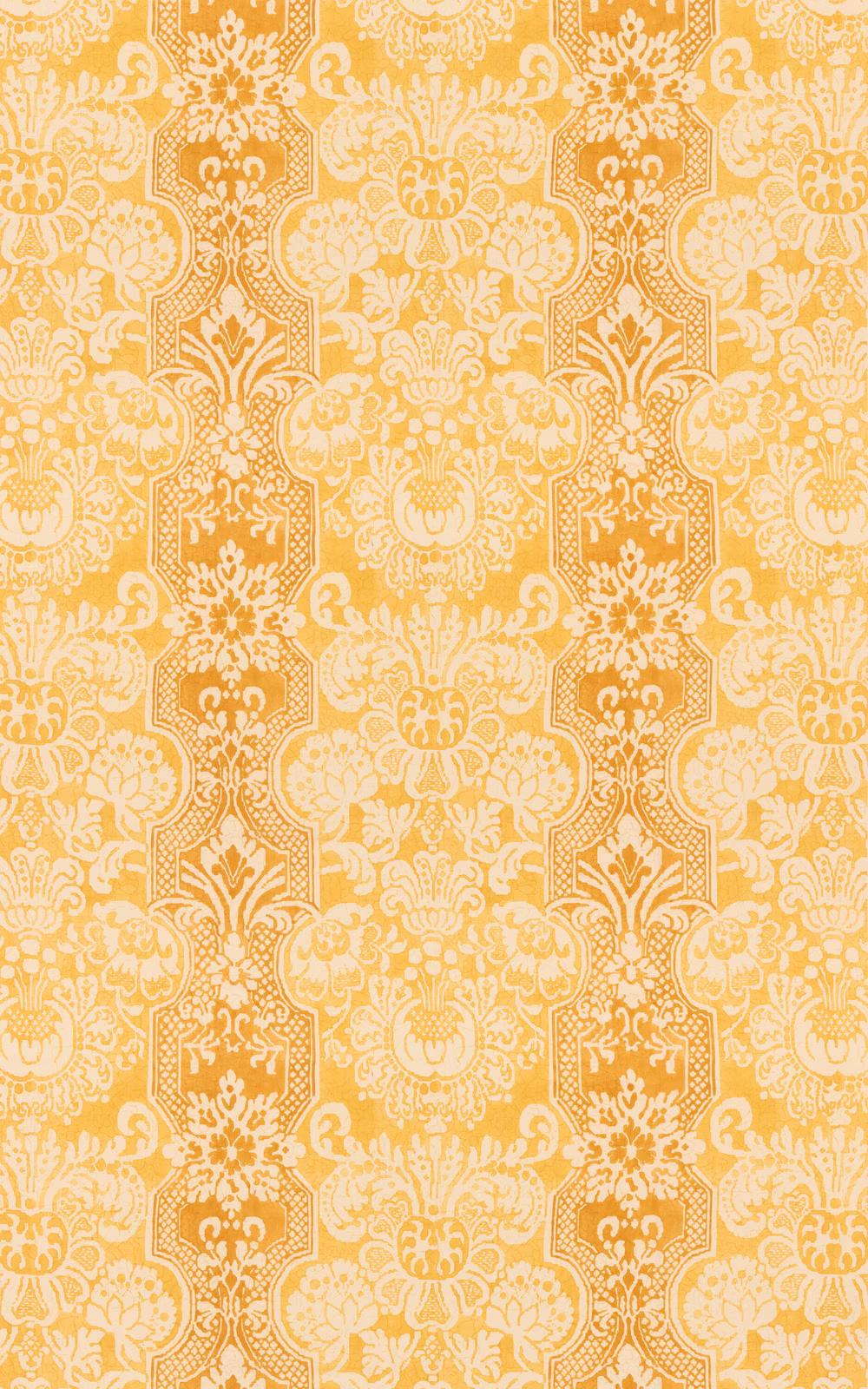 Warm marigold yellow cotton with cream damask columns and scrolling floral motifs