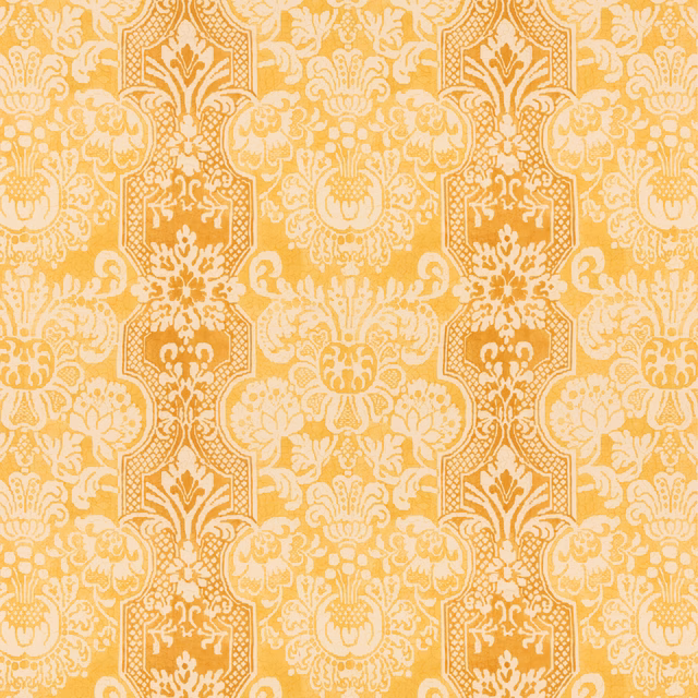 Warm marigold yellow cotton with cream damask columns and scrolling floral motifs