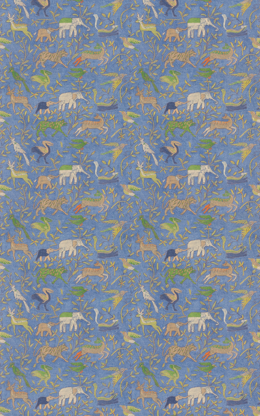 Muted blue fabric with cream elephants, green foliage and ochre animal motifs