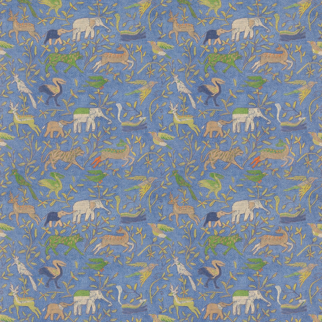 Muted blue fabric with cream elephants, green foliage and ochre animal motifs