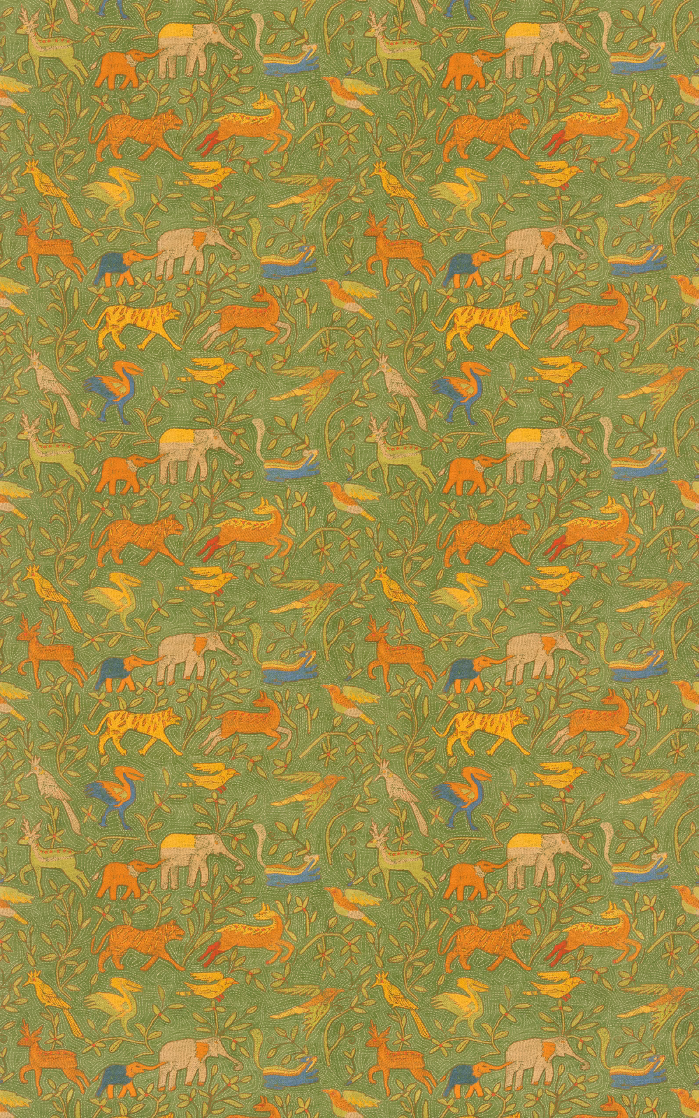 Moss green animal-and-foliage pattern with ochre, coral, blue and cream figures.