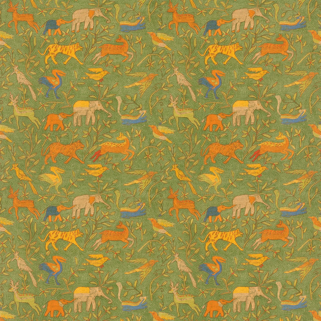 Moss green animal-and-foliage pattern with ochre, coral, blue and cream figures.