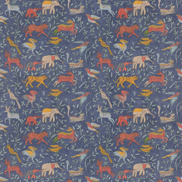 Indigo woven fabric with elephants, birds and colourful animals among curling foliage