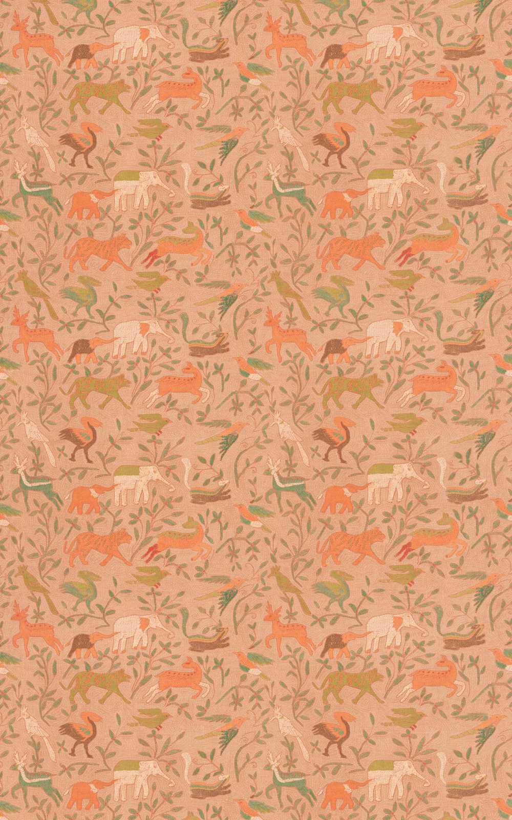 Plaster-pink Noah’s Ark repeat with coral, olive and cream animal figures