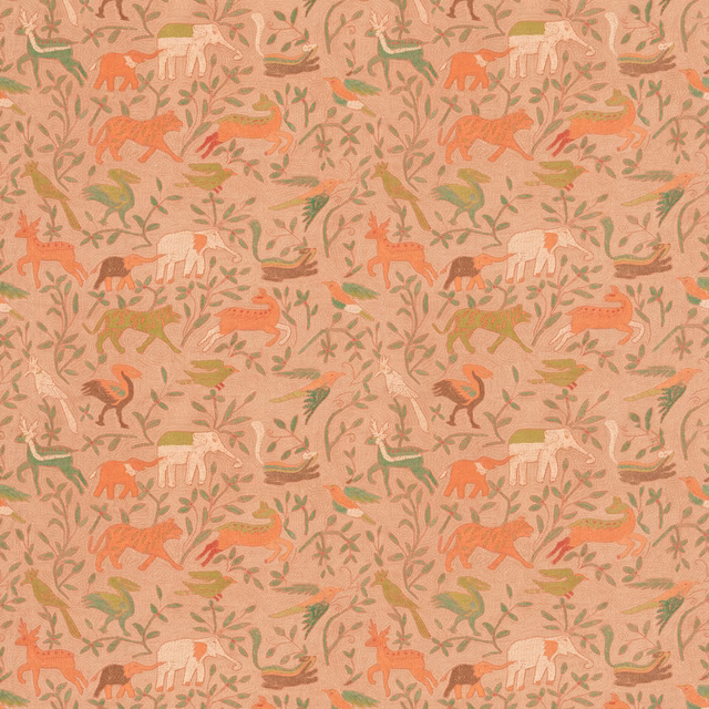 Plaster-pink Noah’s Ark repeat with coral, olive and cream animal figures
