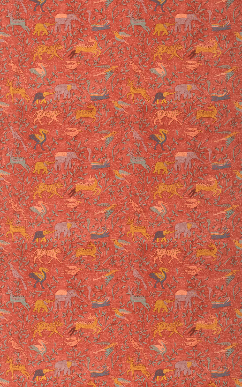 Warm spice-red animal-and-foliage pattern with ochre, pink and blue-grey details