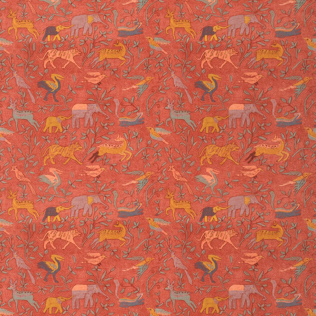 Warm spice-red animal-and-foliage pattern with ochre, pink and blue-grey details