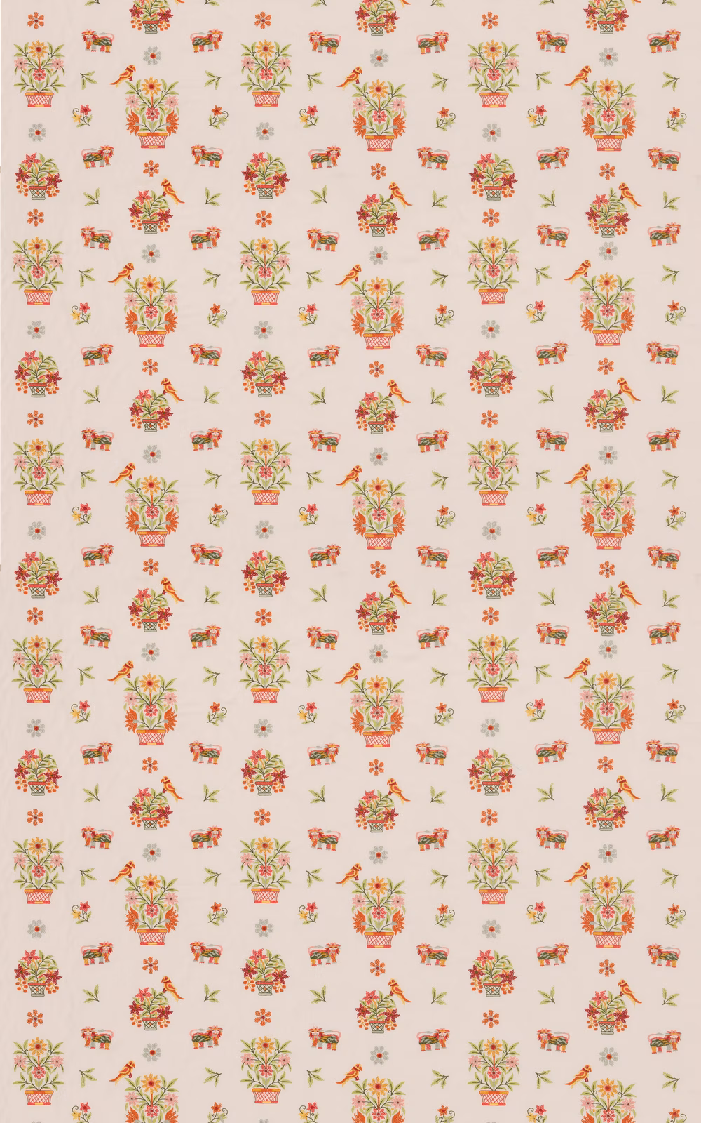 Cream floral fabric with green, coral and ochre bouquet motifs in a scattered repeat