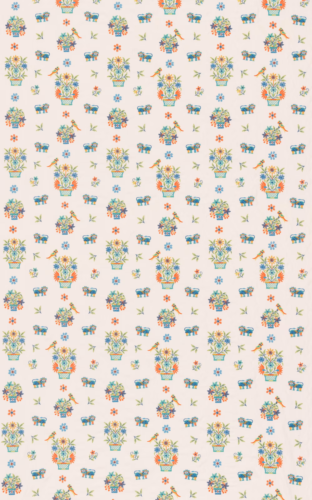 Ivory fabric with jewel-toned floral, bird and animal motifs in a small repeat