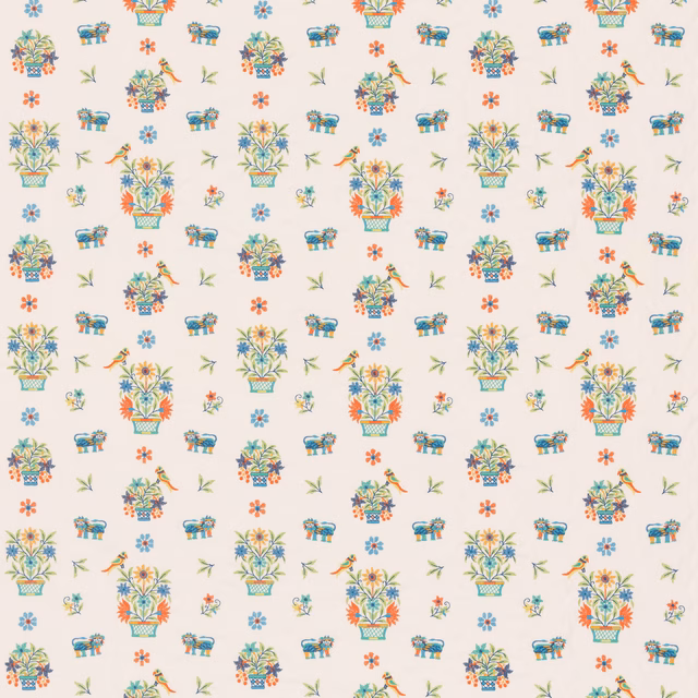 Ivory fabric with jewel-toned floral, bird and animal motifs in a small repeat
