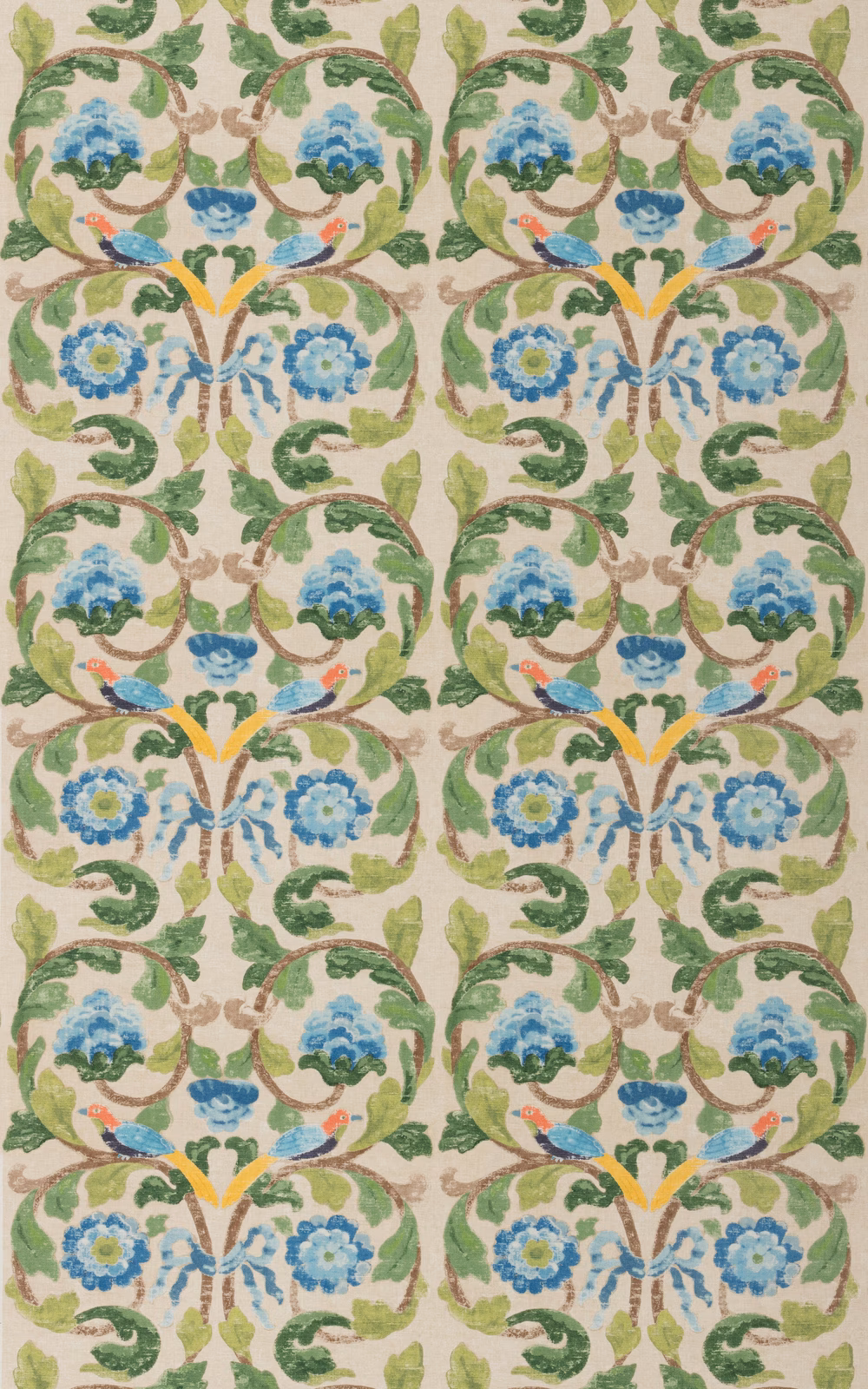Blue-green Tudor Rose floral repeat with sage leaves on a cream woven ground
