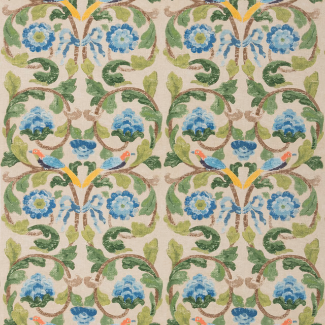 Blue-green Tudor Rose floral repeat with sage leaves on a cream woven ground