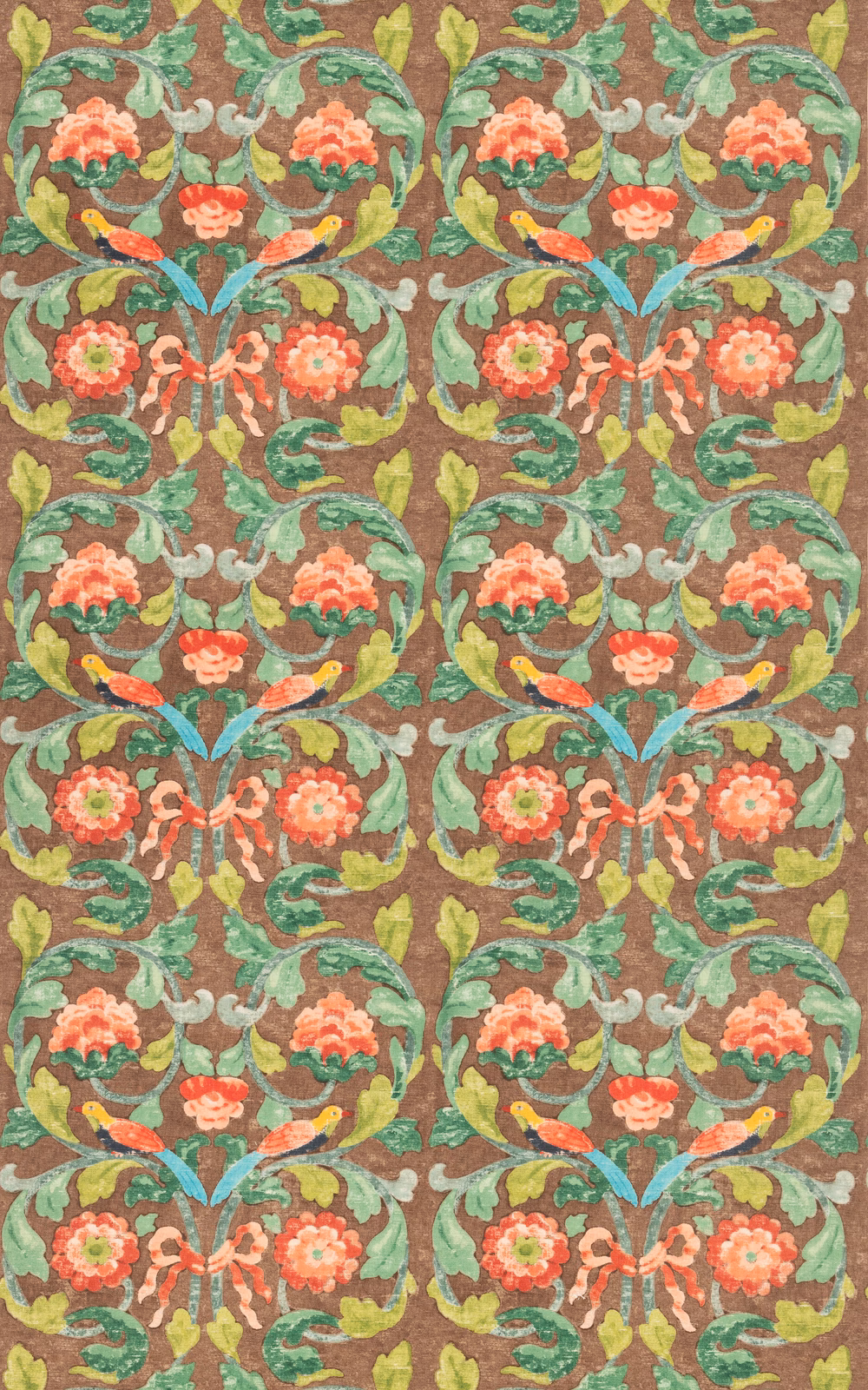 Chocolate-brown floral repeat with coral blooms, sage leaves and turquoise scrolling vines