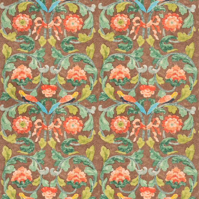 Chocolate-brown floral repeat with coral blooms, sage leaves and turquoise scrolling vines