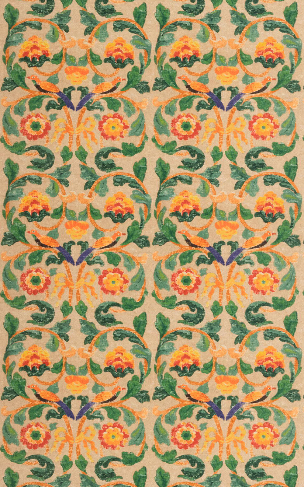 Warm cream floral textile with clementine blooms, green scroll foliage, and purple accents