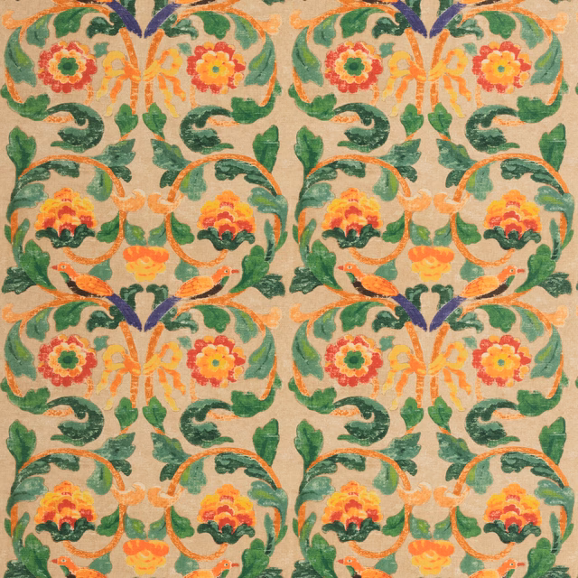 Warm cream floral textile with clementine blooms, green scroll foliage, and purple accents