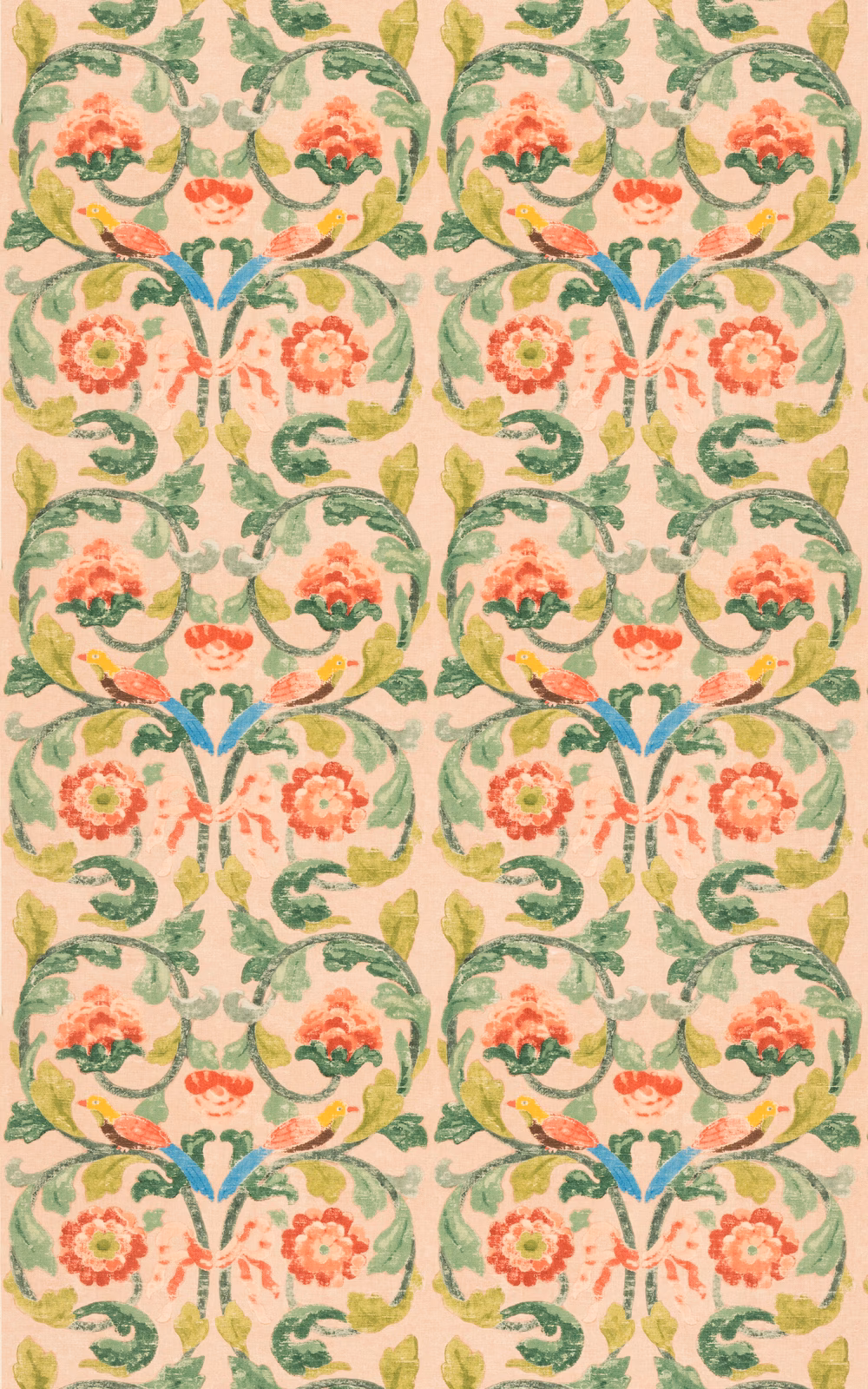 Muted coral Tudor roses, sage scrolling leaves and teal accents on a plaster ground
