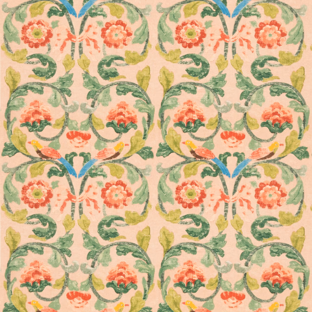 Muted coral Tudor roses, sage scrolling leaves and teal accents on a plaster ground