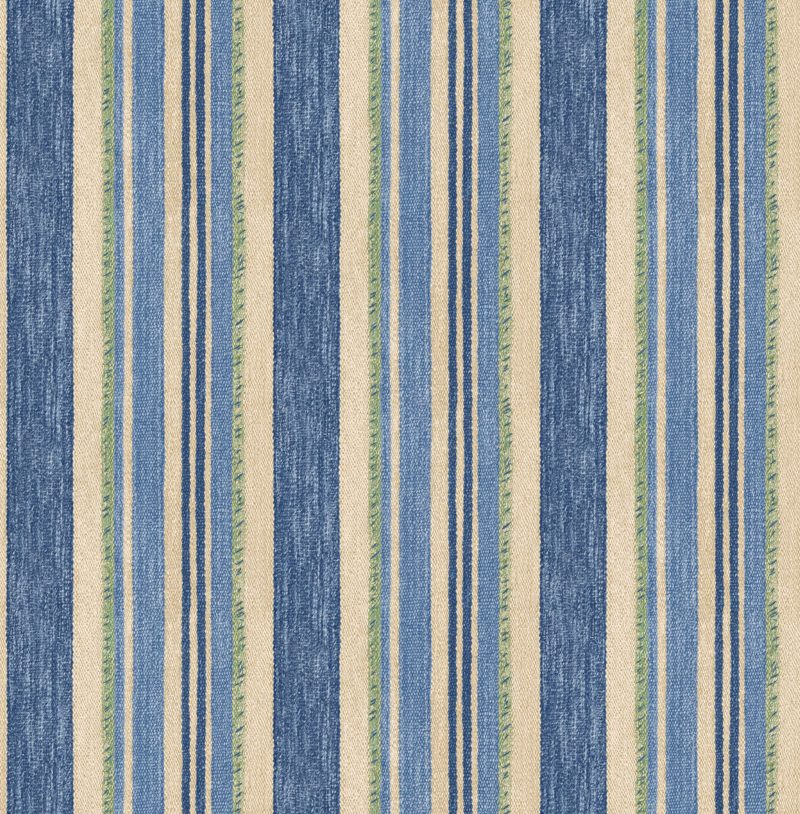 Textured wallpaper with broad blue bands and fine green and cream vertical stripes