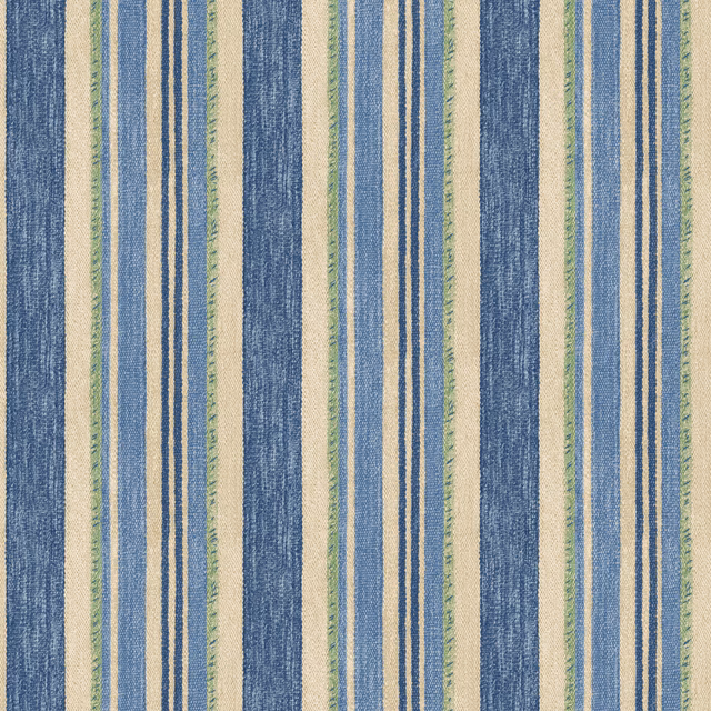 Textured wallpaper with broad blue bands and fine green and cream vertical stripes