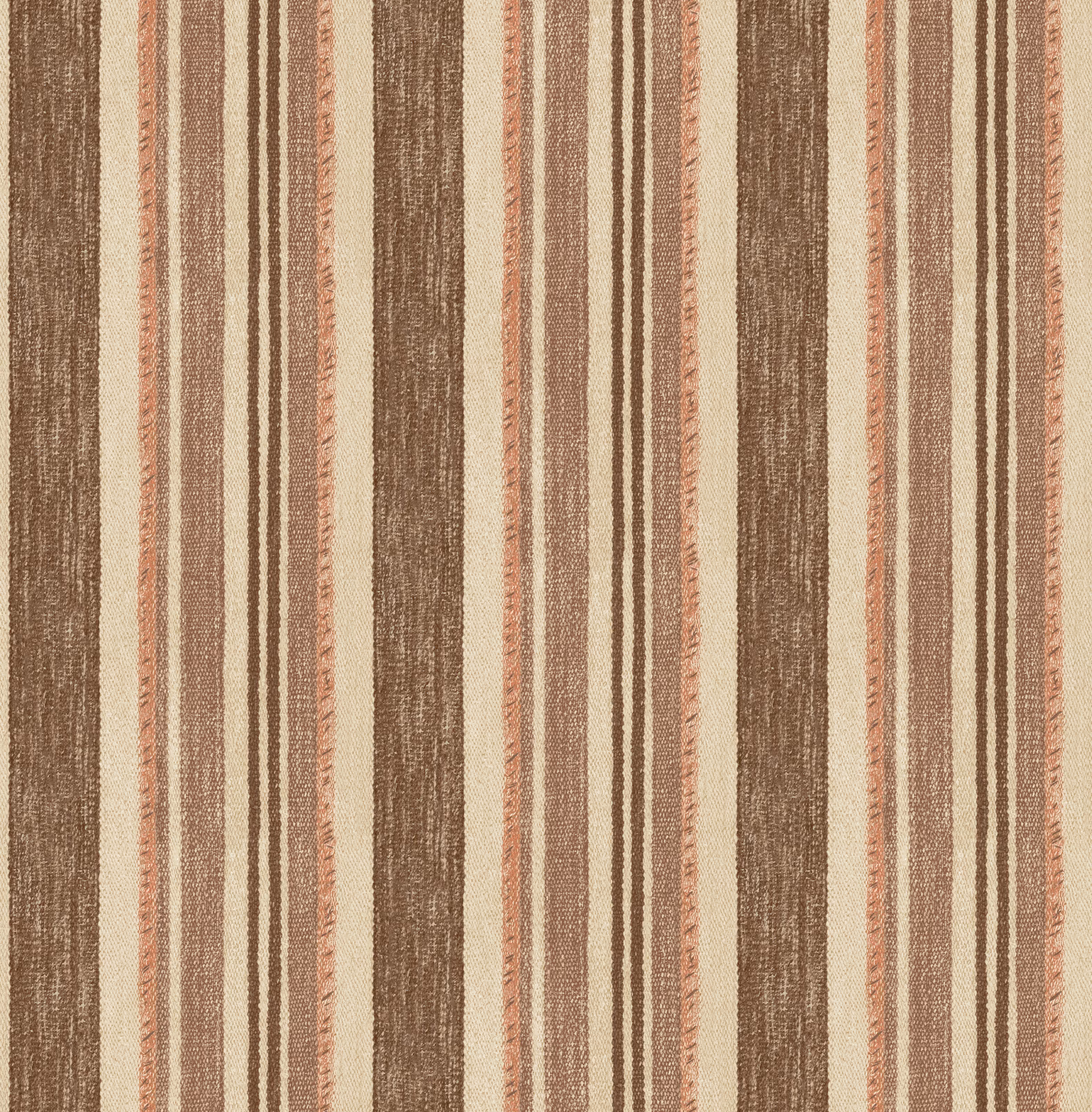 Chocolate brown, cream and muted coral vertical stripes with softly textured tonal variation